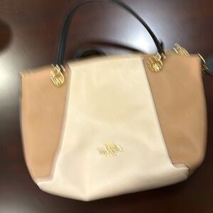 Coach Medium (13”x10”x3”) in multi colored (cream, tan, black) pebbled leather.